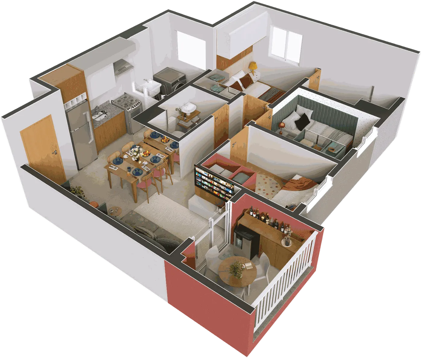 Perspectiva 3D do apartamento de 57 m² vista de cima