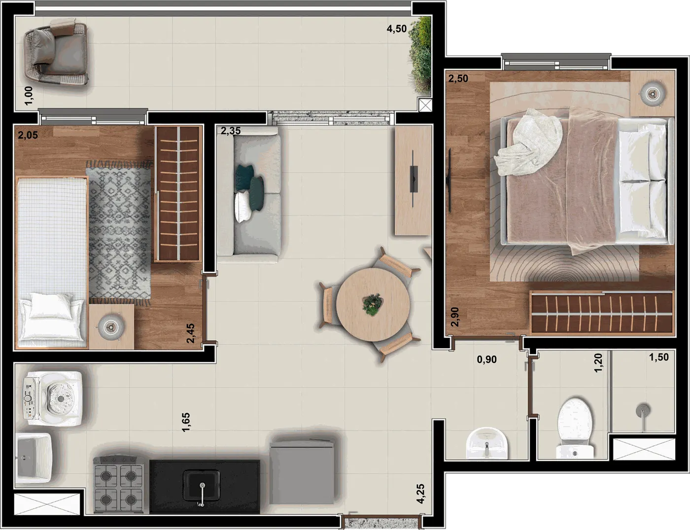Planta do apartamento de 2 dormitórios com 39,50 m²